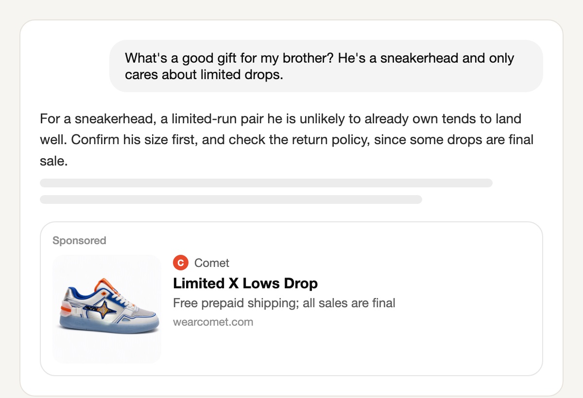 A ChatGPT conversation asking what to gift a brother who is a sneakerhead and only cares about limited drops, with a Sponsored card from Comet below the answer: a white, blue and orange low-top sneaker, the title Limited X Lows Drop and the line Free prepaid shipping; all sales are final