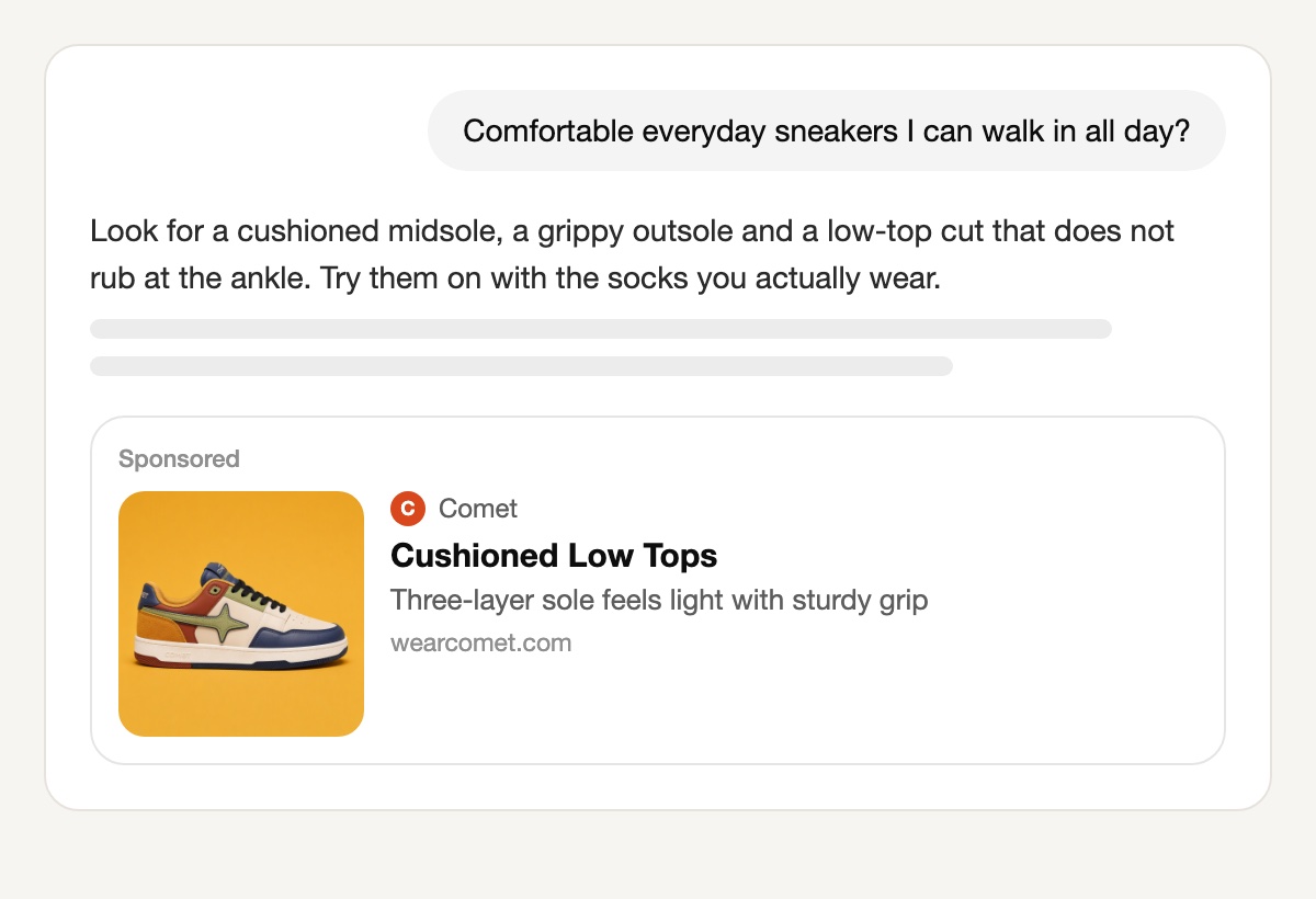 A ChatGPT conversation asking for comfortable everyday sneakers to walk in all day; below the answer, a Sponsored card from Comet shows a multicolour low-top sneaker on a mustard background, the title Cushioned Low Tops and the line Three-layer sole feels light with sturdy grip