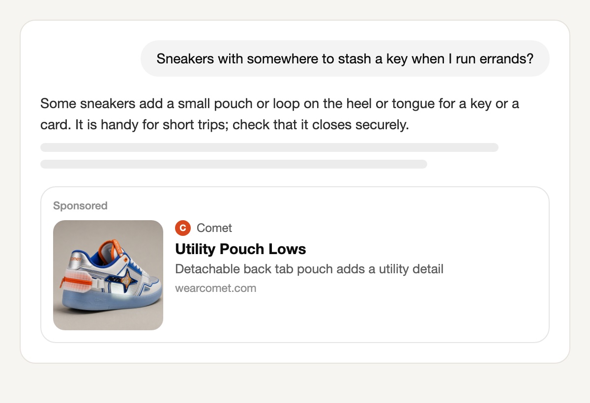 A ChatGPT conversation asking for sneakers with somewhere to stash a key while running errands; below the answer, a Sponsored card from Comet shows a silver, blue and orange sneaker with a zip pouch on the heel tab, the title Utility Pouch Lows and the line Detachable back tab pouch adds a utility detail