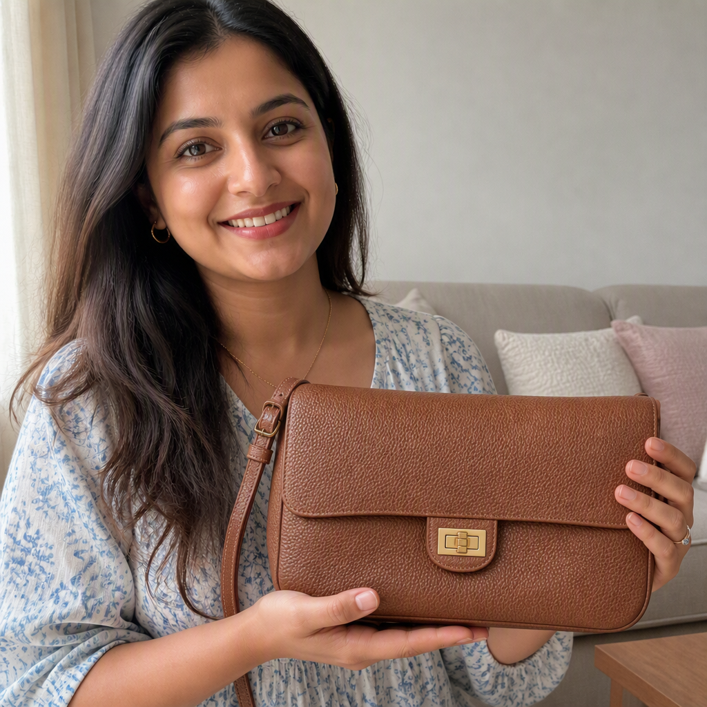 Clean 1:1 square of a tan pebbled leather shoulder bag held in soft natural light against a neutral living room, no text on the image