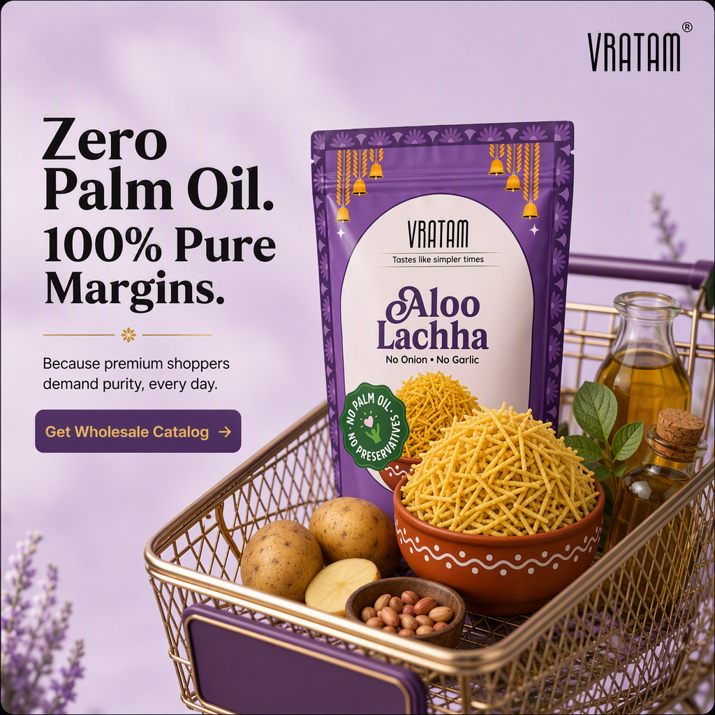 Square Indian D2C ad for Vratam Aloo Lachha with the headline Zero Palm Oil, 100% Pure Margins, a supporting line and a Get Wholesale Catalog button, product in a gold shopping basket