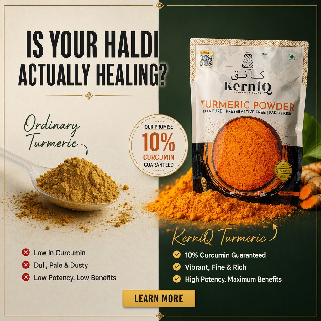 Square Indian D2C ad for KerniQ Turmeric Powder split into an ordinary turmeric side and a KerniQ side, with tick and cross bullet lists and a Learn More button