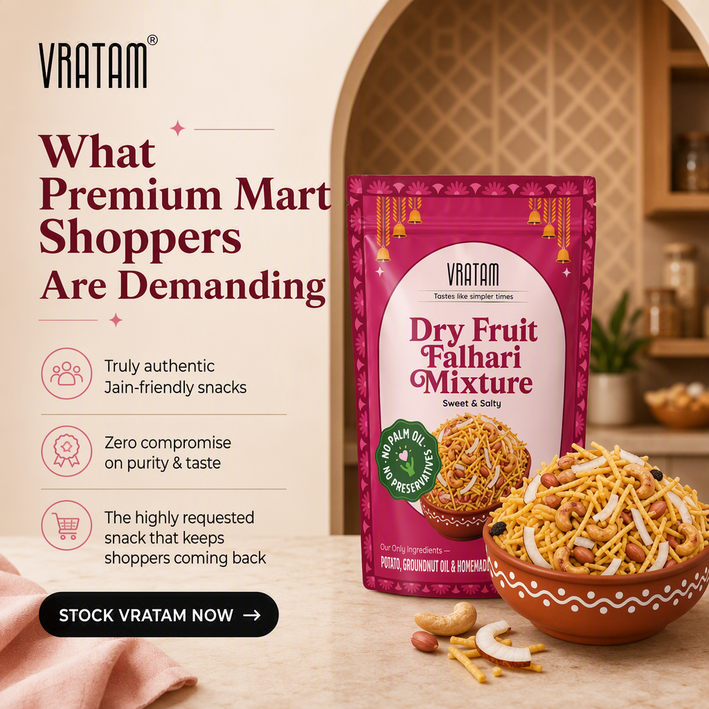 Square Indian D2C ad for Vratam Dry Fruit Falhari Mixture, with a large headline, three icon bullets about authenticity and purity, and a black Stock Vratam Now button