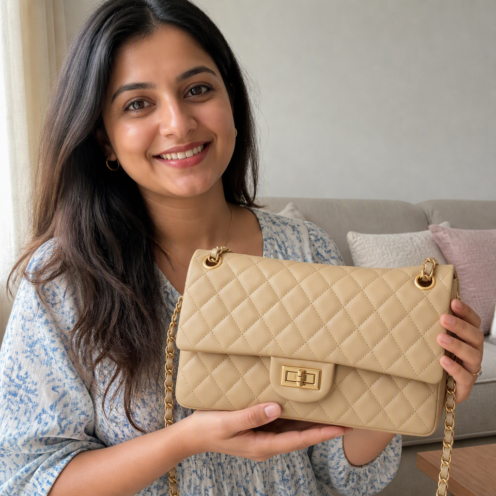 Clean 1:1 square of a beige quilted leather shoulder bag held in natural light against a soft neutral interior