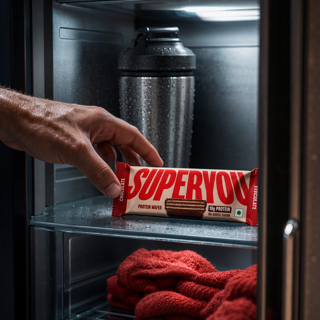 Clean 1:1 square of a hand reaching for a SuperYou chocolate protein wafer on a lit fridge shelf beside a steel shaker