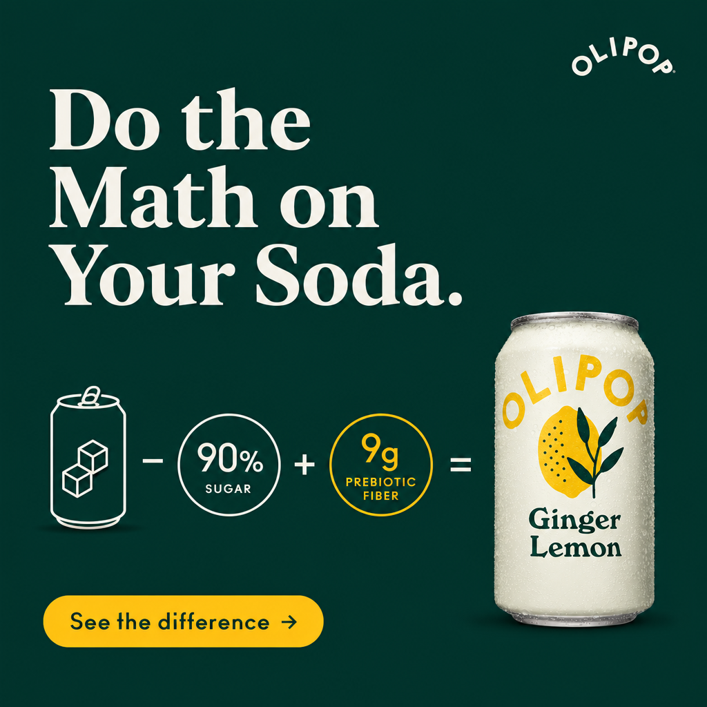 Square ad on a dark green background with the large headline Do the Math on Your Soda, an equation of icons, an Olipop can and a yellow See the difference button