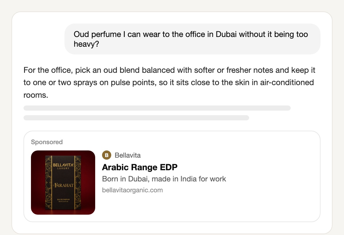 A ChatGPT conversation asking for an oud perfume to wear to the office in Dubai without it being too heavy; below the answer, a Sponsored card from Bellavita shows the black and gold Farahat box on deep red, the title Arabic Range EDP and the line Born in Dubai, made in India for work