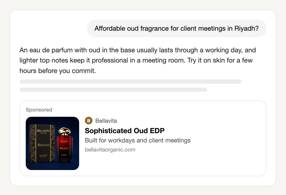 A ChatGPT conversation asking for an affordable oud fragrance for client meetings in Riyadh; below the answer, a Sponsored card from Bellavita shows the Farahat box beside a red bottle with a gold cap on dark blue, the title Sophisticated Oud EDP and the line Built for workdays and client meetings