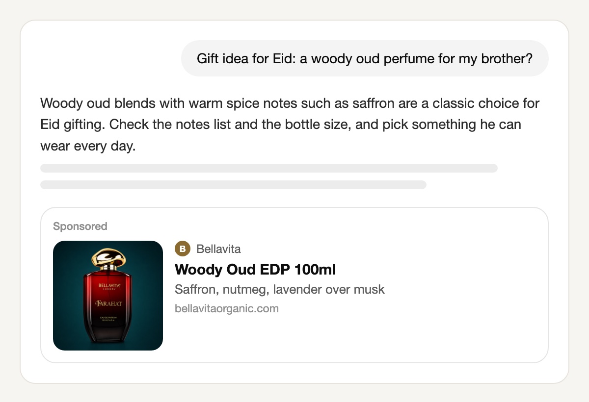 A ChatGPT conversation asking for an Eid gift idea, a woody oud perfume for a brother; below the answer, a Sponsored card from Bellavita shows a red Farahat bottle with a gold cap on dark teal, the title Woody Oud EDP 100ml and the line Saffron, nutmeg, lavender over musk