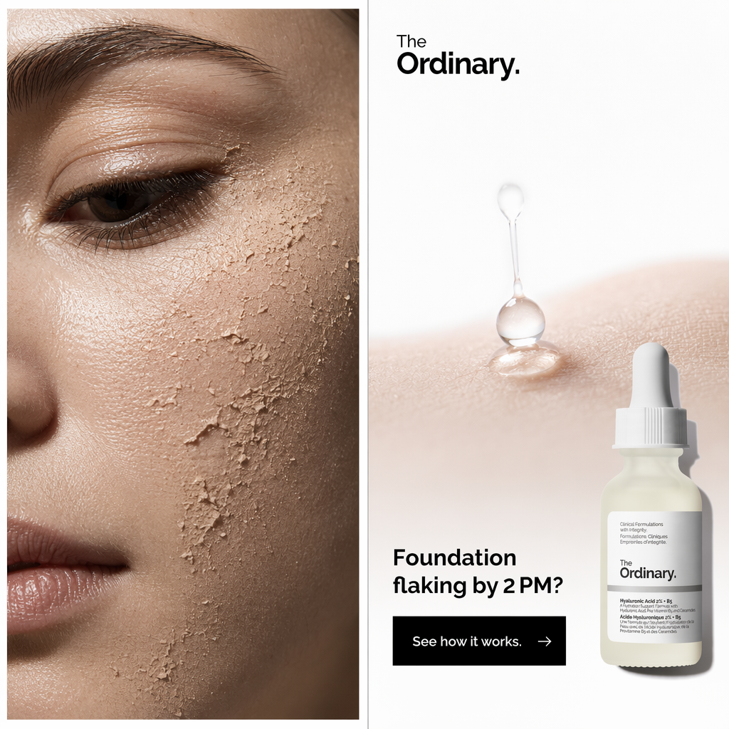 AI-generated The Ordinary ad: a split image with flaking, dry-looking foundation on a cheek on the left and a clear hyaluronic acid droplet on smooth skin beside the serum on the right, headlined "Foundation flaking by 2 PM?" with a "See how it works" button