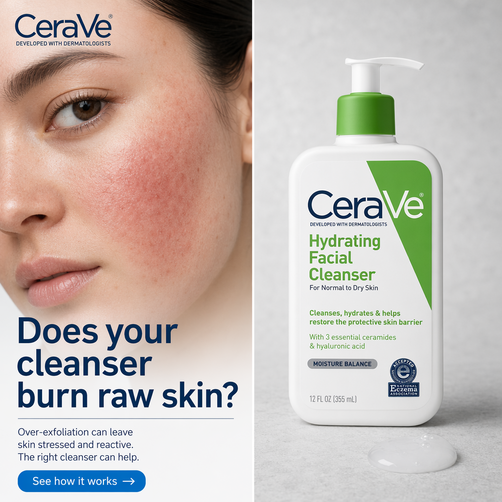 AI-generated CeraVe ad: a close-up of a face with a visibly red, irritated cheek on the left, the Hydrating Facial Cleanser bottle on the right, headlined "Does your cleanser burn raw skin?" with the line "Over-exfoliation can leave skin stressed and reactive. The right cleanser can help."