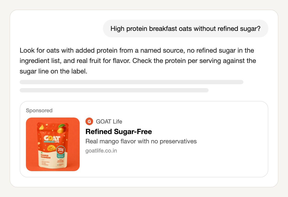 A ChatGPT conversation asking for high protein breakfast oats without refined sugar, with a Sponsored card below the answer from GOAT Life: a square image of an orange Mango Madness overnight oats pouch showing 20g protein, the title Refined Sugar-Free and the line Real mango flavor with no preservatives, linking to goatlife.co.in