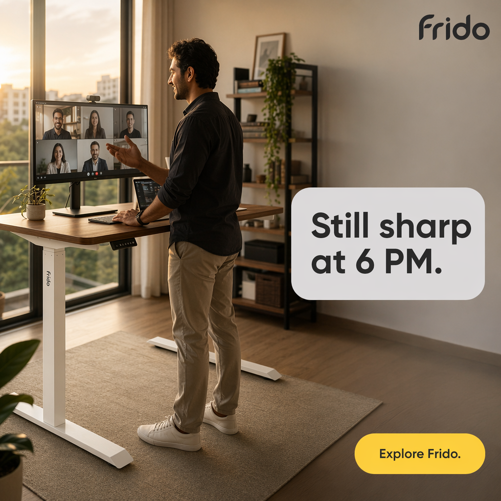 AI-generated Frido standing desk ad: the desk raised in a sunlit home office with a man taking a video call at it, headlined "Still sharp at 6 PM"