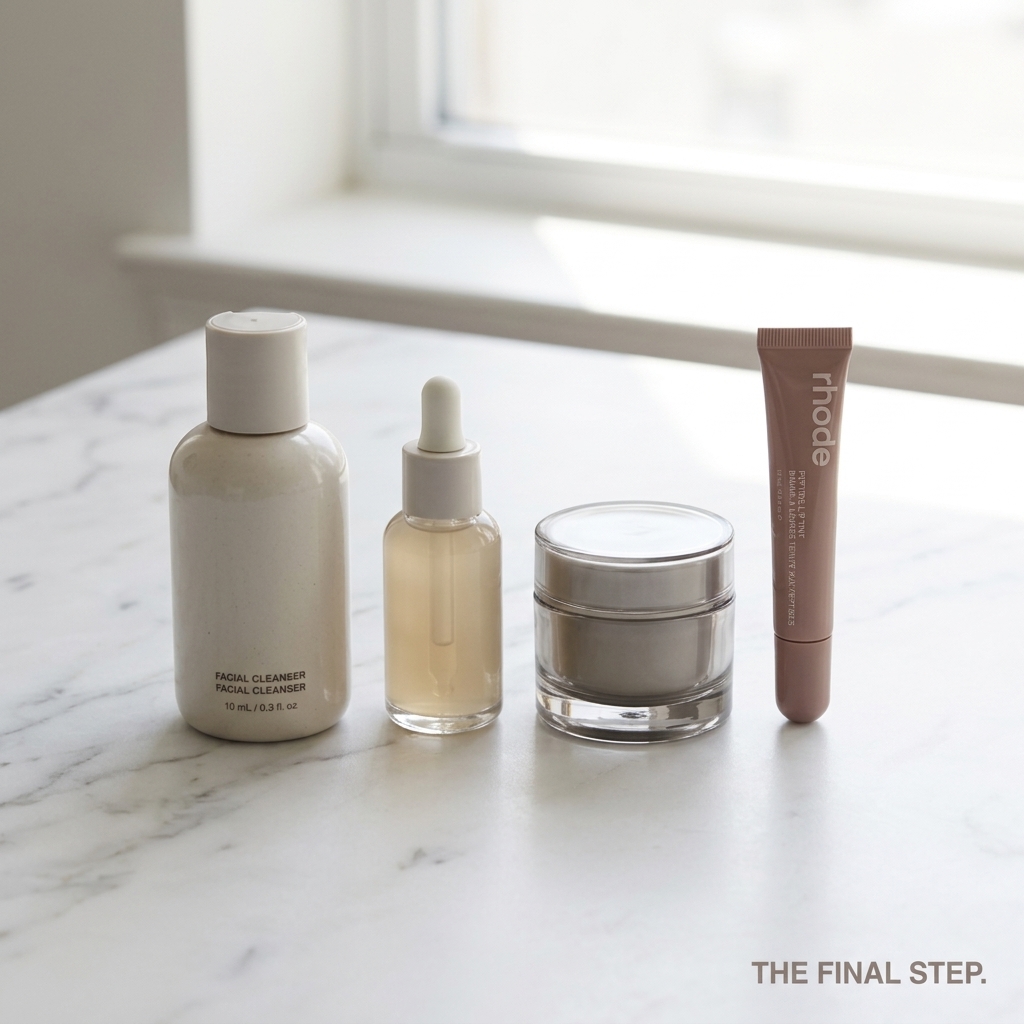 AI-generated Rhode Peptide Lip Tint ad: the full skincare lineup (cleanser, serum, moisturizer) and the lip tint lined up on a bright marble counter, headlined "The final step"