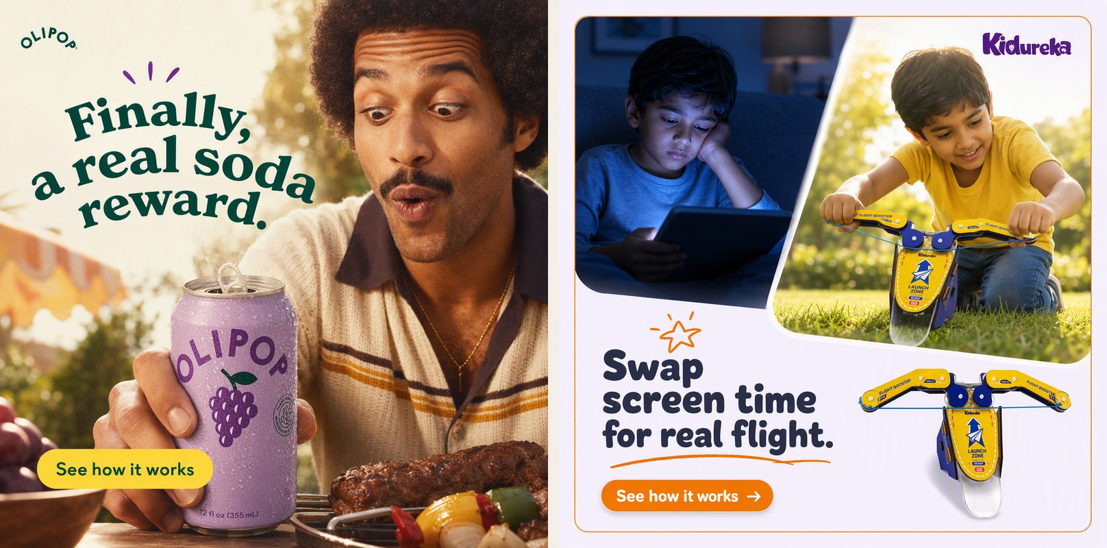 Two AI-made LocalAds ad creatives for summer. On the left, a man at a barbecue looks delighted at an open can of Olipop Classic Grape under the headline "Finally, a real soda reward." On the right, a split image of a boy lit by a tablet at night and the same boy launching a foam plane on a lawn, headlined "Swap screen time for real flight."