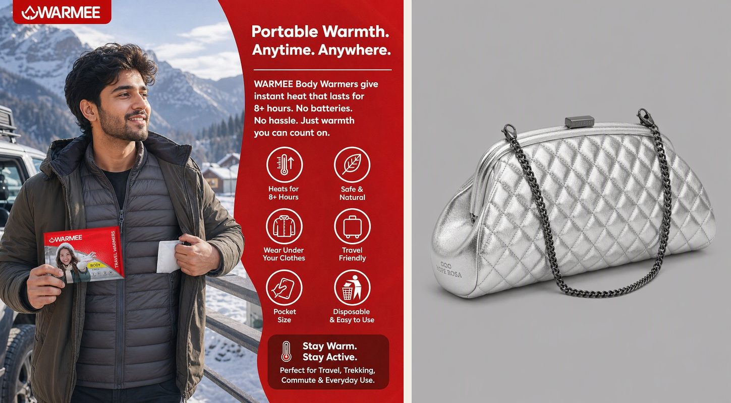 Two AI-made LocalAds ad creatives for the first quarter. A man in a puffer jacket on a snowy mountain road holds a red WARMEE body warmer pack under the line "Portable Warmth. Anytime. Anywhere." Next to it, a silver quilted leather clutch on a chain strap against a plain grey background.