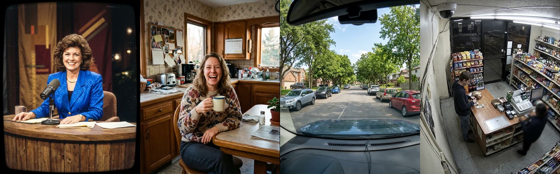 Four AI-rendered found-footage looks side by side: a smiling 1980s TV host at a studio desk with a microphone on a VHS frame, a laughing woman with a mug in a wallpapered 1990s kitchen, a dashcam view down a tree-lined street of parked cars, and a ceiling security camera view of a corner-shop counter