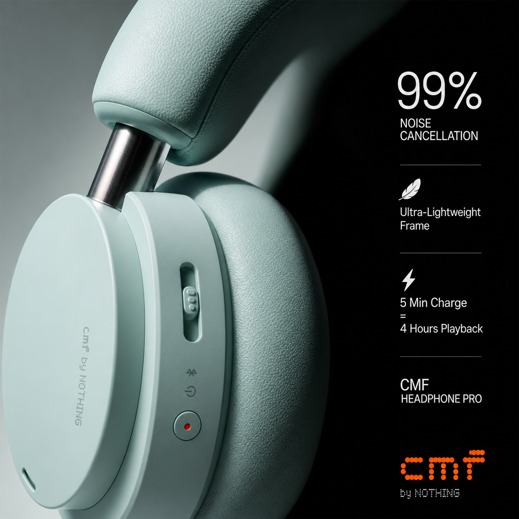 AI-generated CMF Headphone Pro ad, close-up of the pale green headphones with spec callouts: 99% noise cancellation, ultra-lightweight frame, 5 minute charge equals 4 hours playback