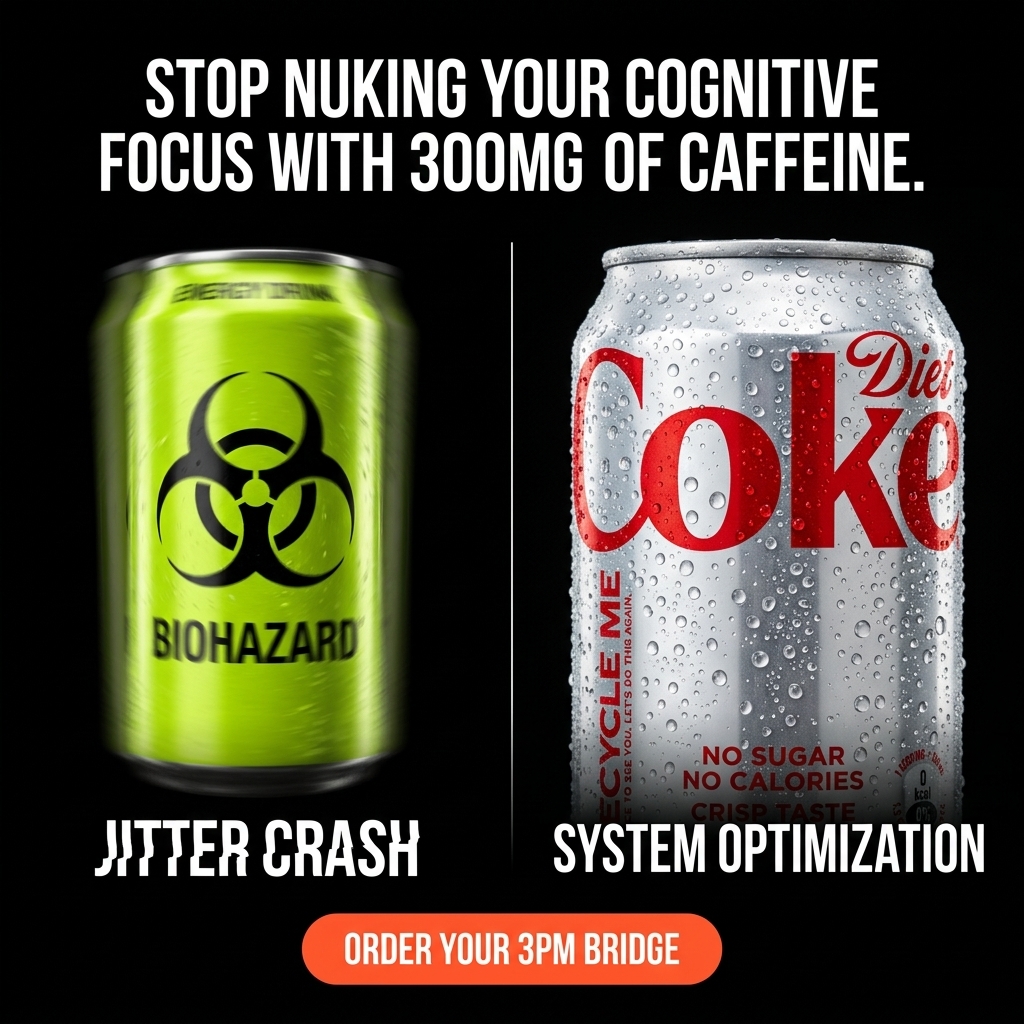 AI-generated comparison ad contrasting a green "biohazard" energy drink labeled "jitter crash" with a Diet Coke can labeled "system optimization", headlined "Stop nuking your cognitive focus with 300mg of caffeine."