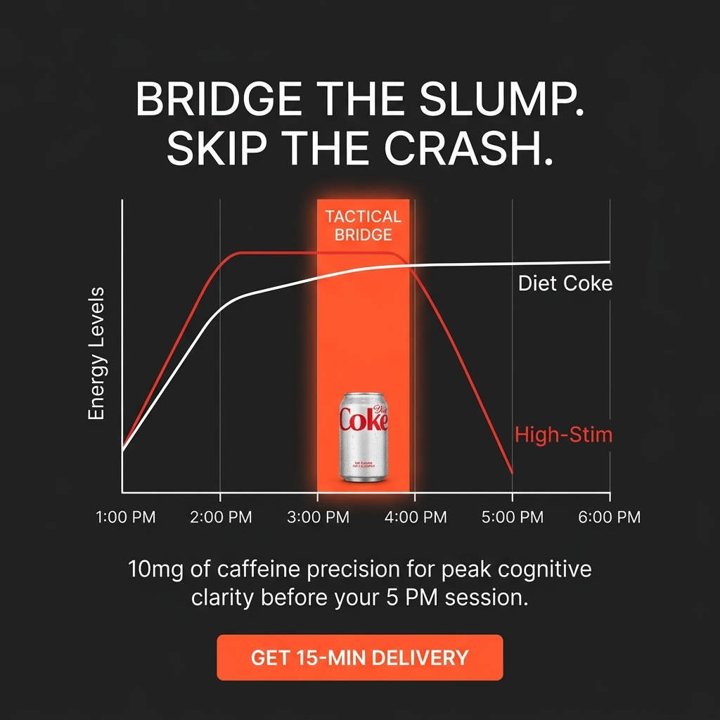 AI-generated Diet Coke ad with an energy-level line chart from 1pm to 6pm, headlined "Bridge the slump. Skip the crash." showing high-stim drinks crashing while Diet Coke stays level