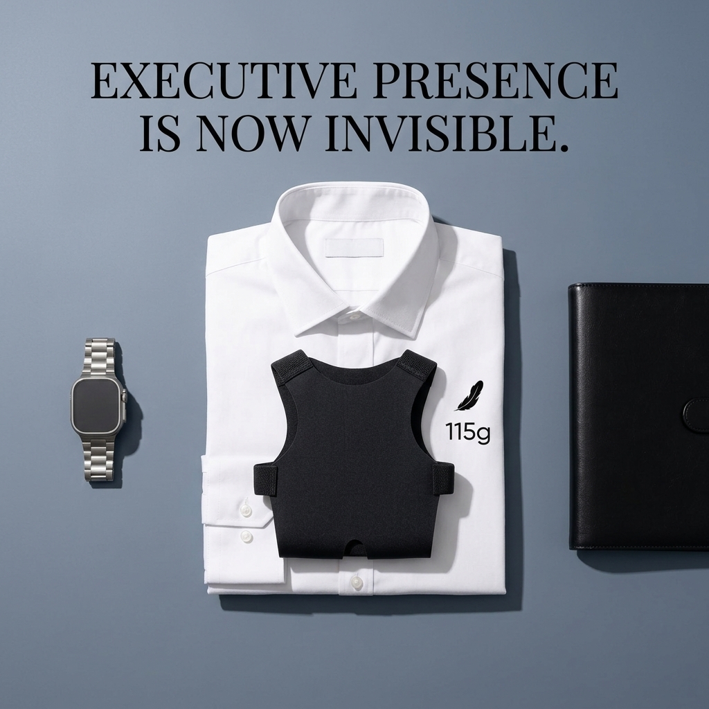 AI-generated Frido posture corrector ad: a flat lay of the black corrector vest on a crisp white shirt with a watch and notebook, headlined "Executive presence is now invisible" with a 115g weight callout