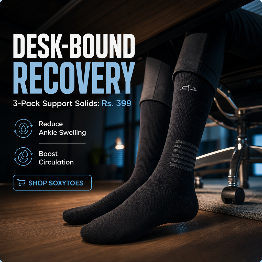 AI-generated Soxytoes ad creative targeting desk workers: "Desk-bound recovery" headline, compression socks product shot, benefit callouts for ankle swelling and circulation, and a shop CTA