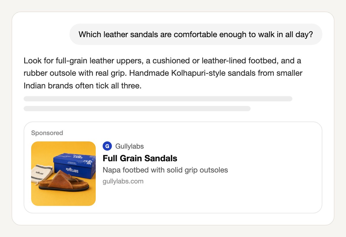 A ChatGPT conversation asking which leather sandals are comfortable enough to walk in all day, with a Sponsored card below the answer from Gullylabs: a square image of a tan leather sandal in front of its blue box on a yellow background, the title Full Grain Sandals and the line Napa footbed with solid grip outsoles