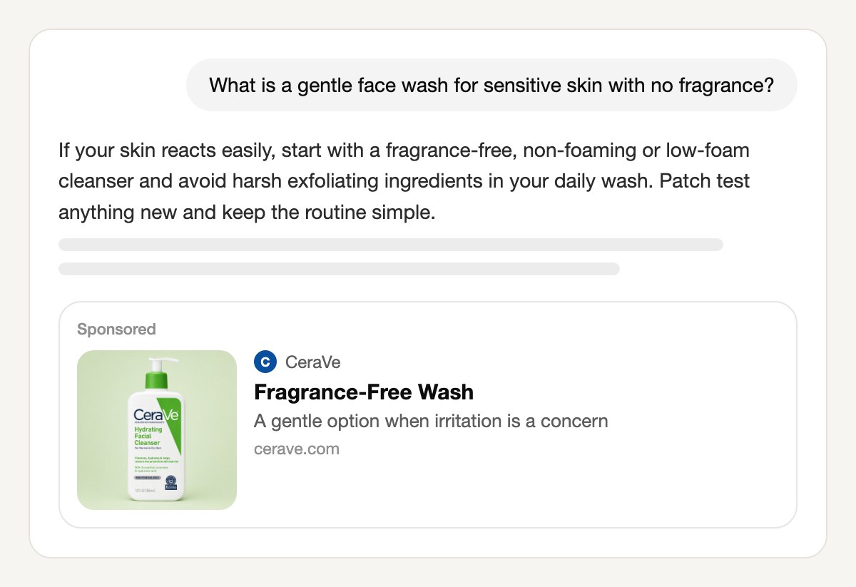 A ChatGPT conversation asking for a gentle face wash for sensitive skin with no fragrance, with a Sponsored card below the answer from CeraVe: a square image of the CeraVe Hydrating Facial Cleanser pump bottle on a soft green background, the title Fragrance-Free Wash and the line A gentle option when irritation is a concern, linking to cerave.com