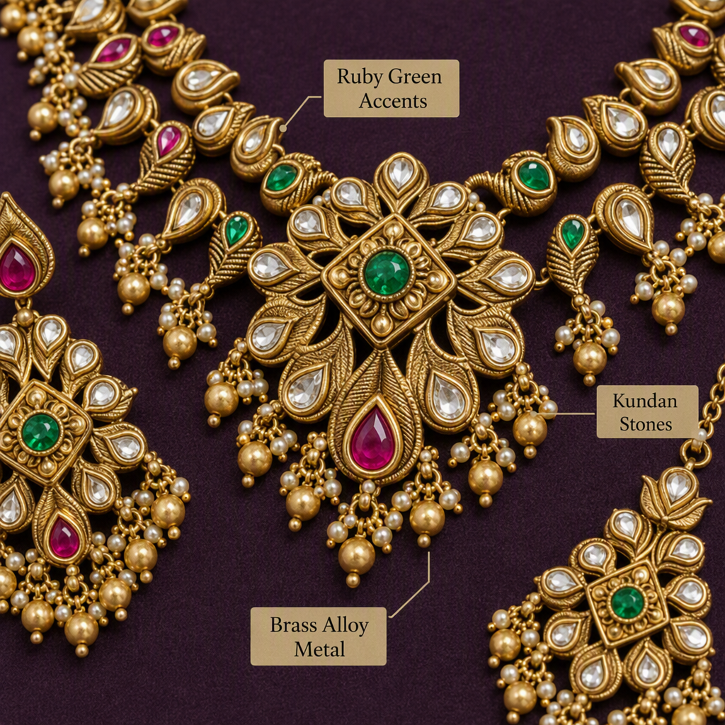 AI-generated Krishna's Sweta detail creative: a close-up of the necklace's central pendant on dark plum fabric with labels pointing to the ruby green accents, kundan stones and brass alloy metal