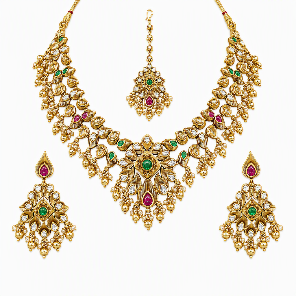 AI product photography for Krishna's Sweta: an antique-gold kundan necklace set with green and ruby stones and gold bead drops, with matching earrings and a maang tikka, on a plain white background