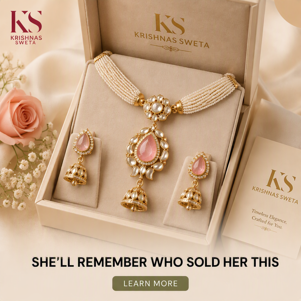 AI-generated Krishna's Sweta ad creative: a pink-stone kundan pendant necklace on a multi-strand pearl chain with matching pink jhumkas in an open branded gift box, headlined "She'll remember who sold her this"