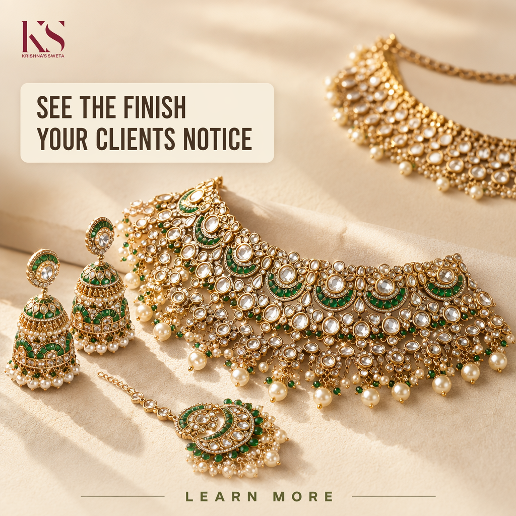 AI-generated Krishna's Sweta ad creative: a heavy kundan bridal choker with green stones and pearl drops, matching jhumkas and a maang tikka laid on cream silk, headlined "See the finish your clients notice" with a Learn more button