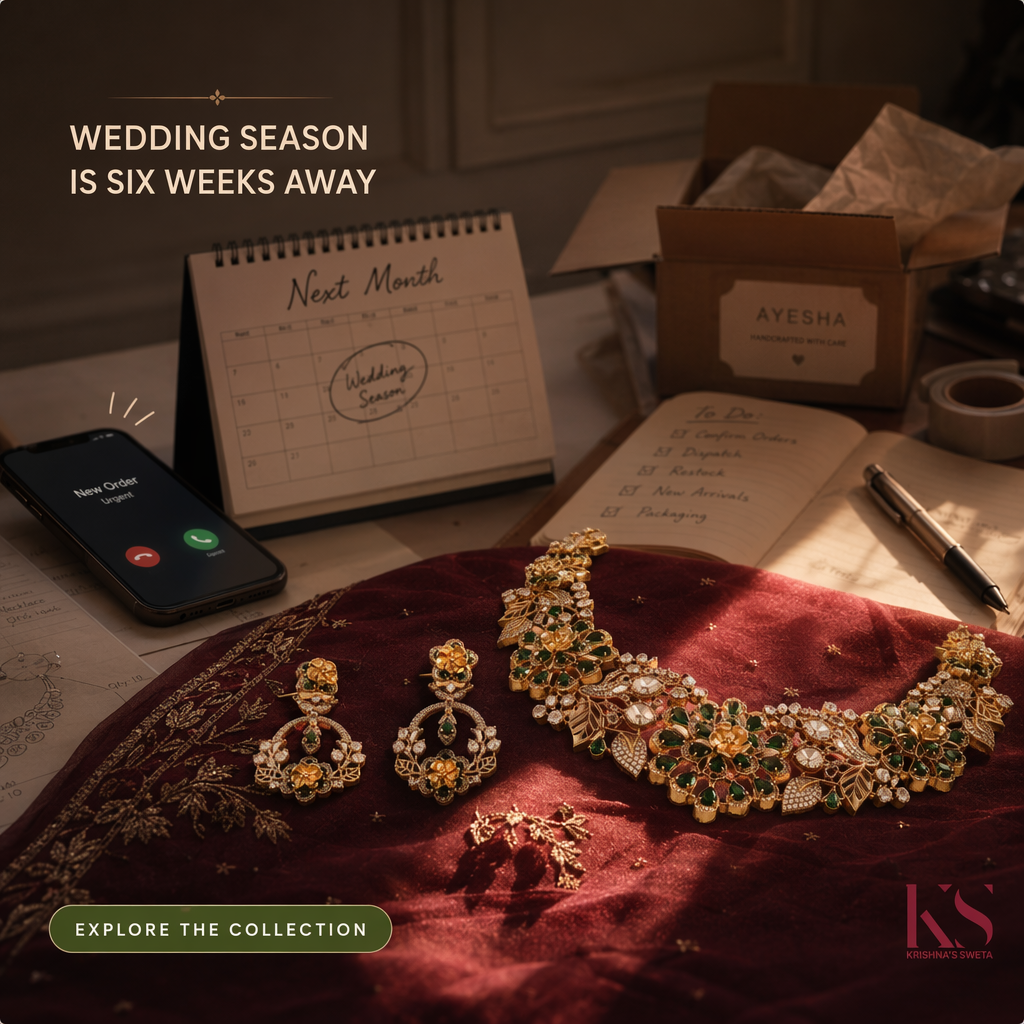 AI-generated Krishna's Sweta ad creative headlined "Wedding season is six weeks away": a gold and green floral necklace and earrings on maroon velvet, beside a phone showing an urgent new order call, a desk calendar marked wedding season, a to-do list of confirm orders, dispatch and restock, and a packed shipping box