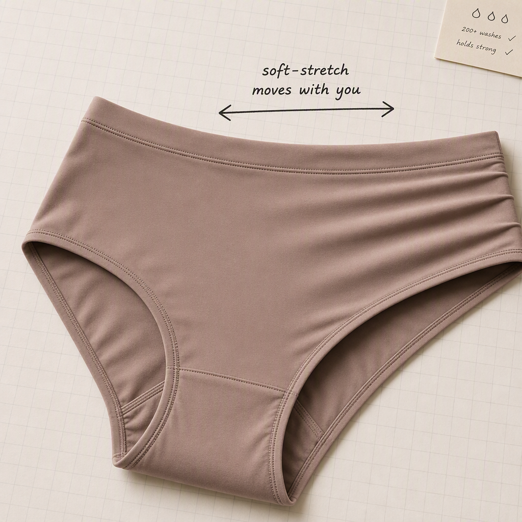 Clean 1:1 square flat lay of a soft mauve leakproof hipster on a grid backdrop, product filling the frame, with one small handwritten annotation