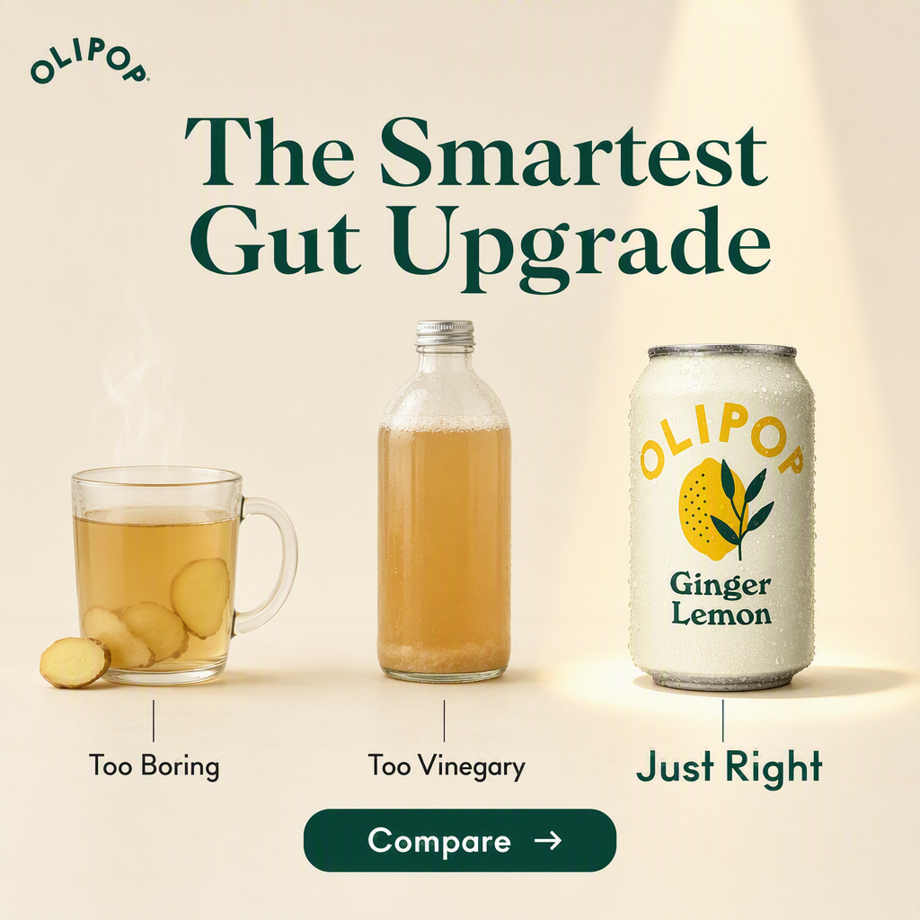 Square ad comparing a mug of ginger tea, a bottle of kombucha and an Olipop can under the headline The Smartest Gut Upgrade, each labelled Too Boring, Too Vinegary and Just Right