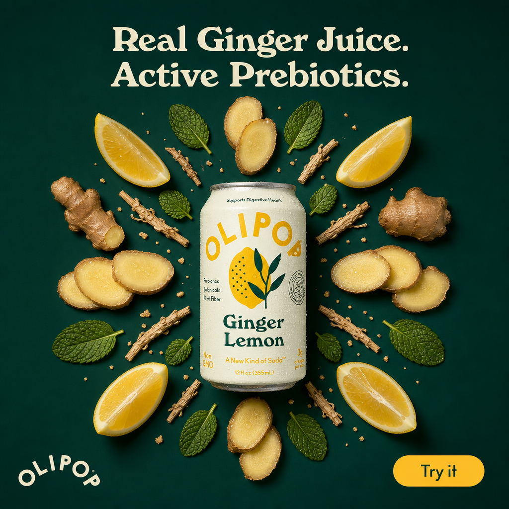 Square ad with the large headline Real Ginger Juice, Active Prebiotics above an Olipop can surrounded by lemon wedges, ginger and mint, with a Try it button
