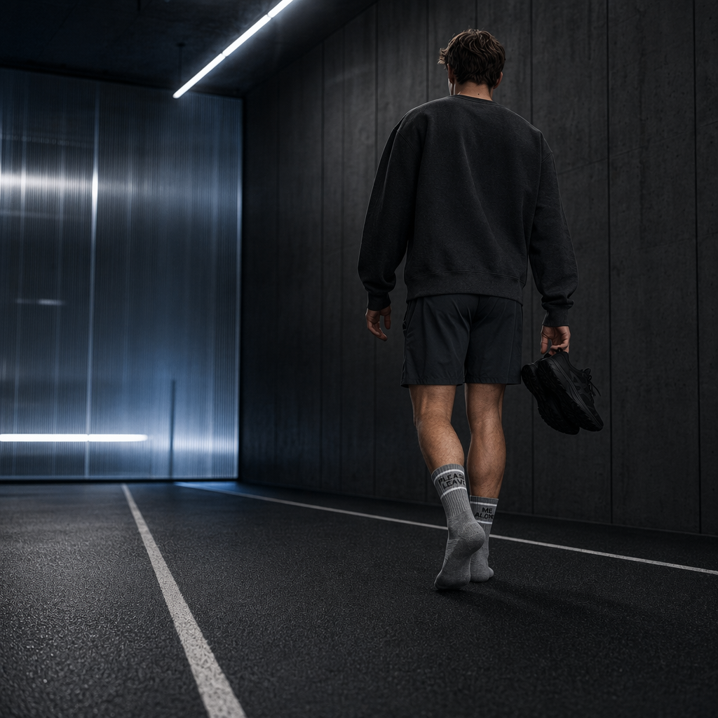Dark studio corridor with a person walking away carrying shoes, wearing grey athletic socks that occupy a small part of the frame