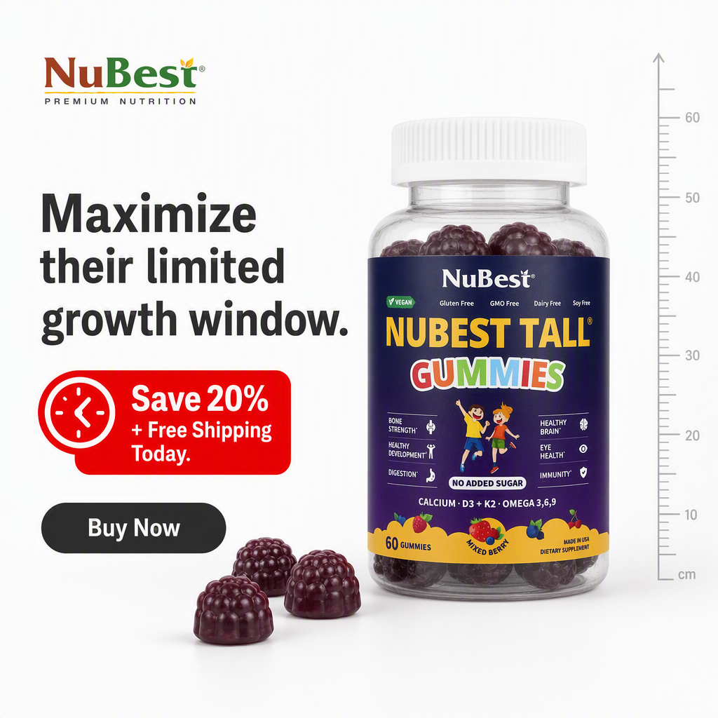 Square NuBest ad with the headline Maximize their limited growth window beside the gummies bottle, a red Save 20 percent plus free shipping badge and a black Buy Now button
