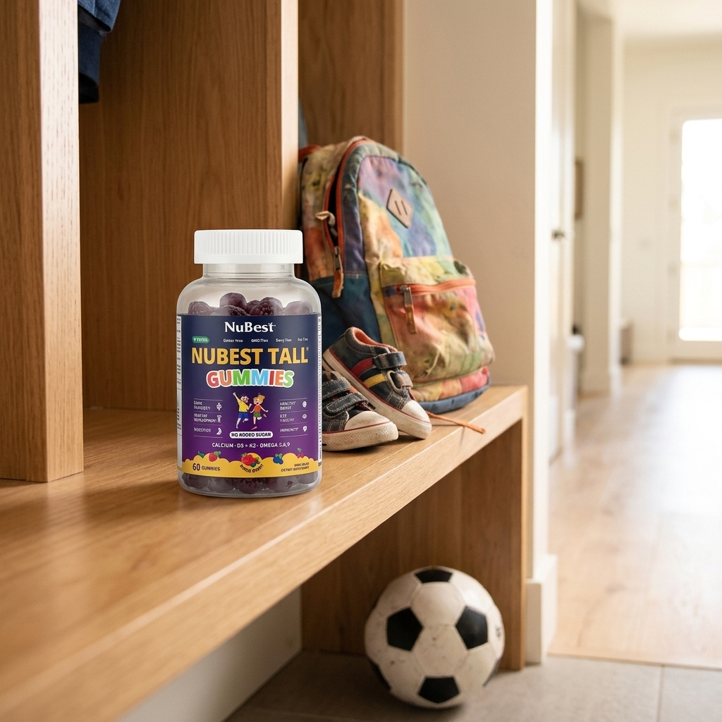 Soft-lit mudroom bench in warm oak with a child's backpack, a sneaker and a soccer ball, the NuBest gummies bottle standing small on the left of the bench
