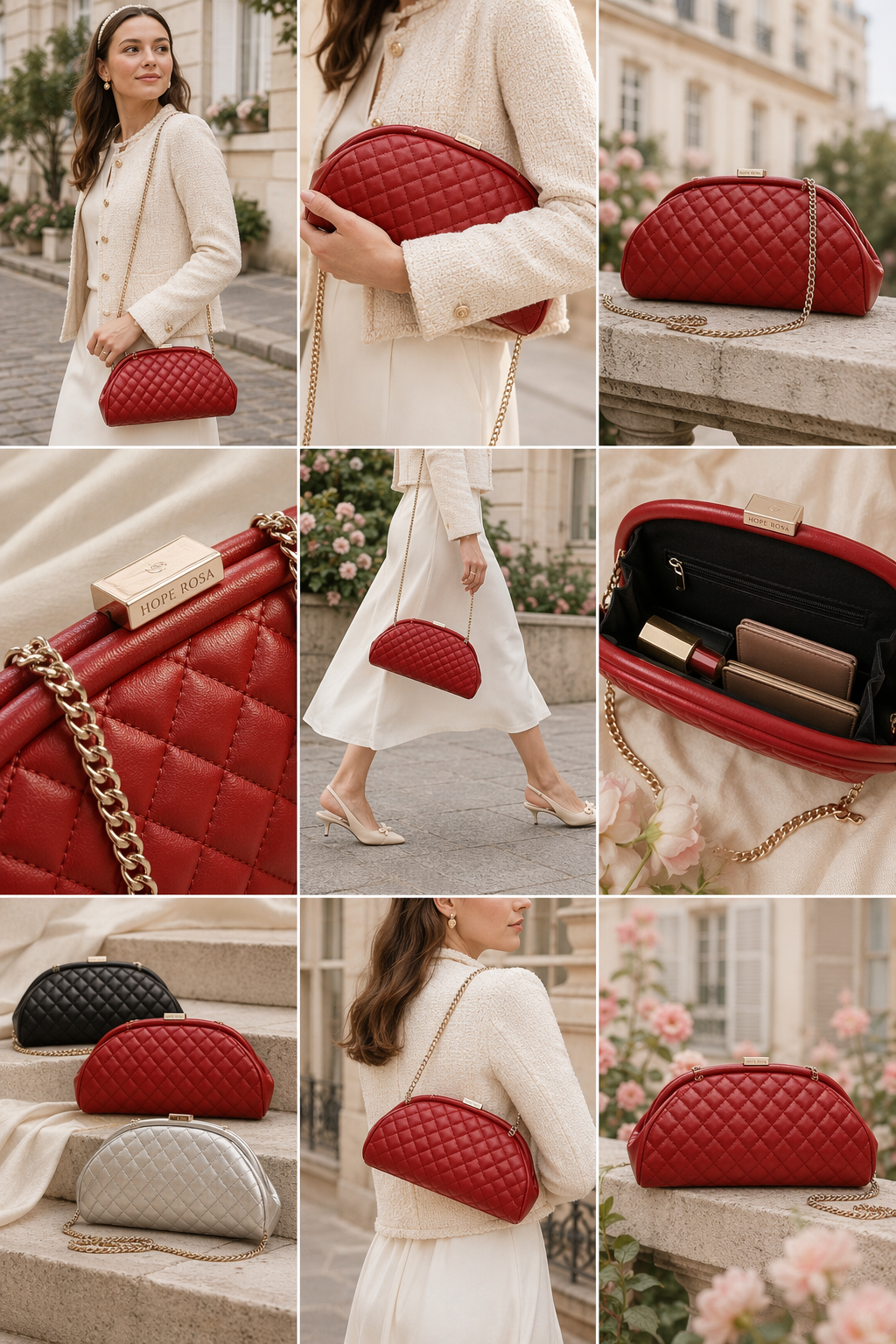 Nine-frame grid of one red quilted clutch shot as street style, close-up hardware detail, open interior, three colourways on steps, worn crossbody and product-only frames