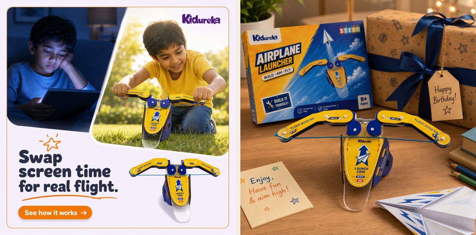 Two AI-made LocalAds ad creatives for the Kidureka Airplane Launcher. On the left, a split image of a boy lit by a tablet at night and the same boy launching a foam plane outdoors, headlined "Swap screen time for real flight." On the right, the boxed launcher kit on a desk beside a wrapped present and a "Happy Birthday" tag.