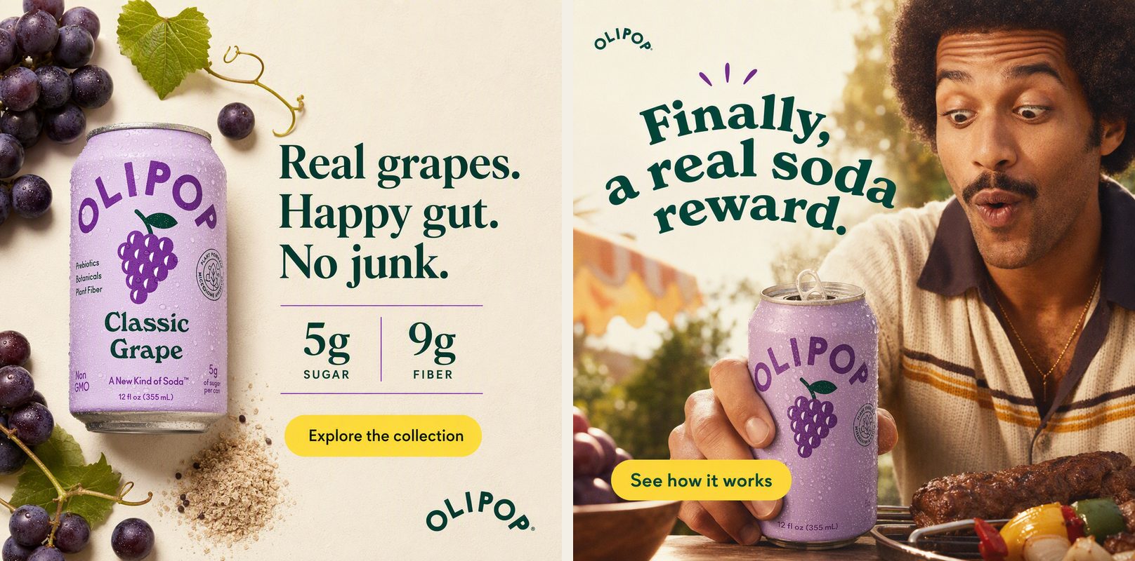 Two AI-made LocalAds ad creatives for Olipop Classic Grape. On the left, the can lying beside fresh grapes and a vine with the headline "Real grapes. Happy gut. No junk." and "5g sugar, 9g fiber" callouts. On the right, a man at a barbecue looks delighted at an open can under the headline "Finally, a real soda reward."