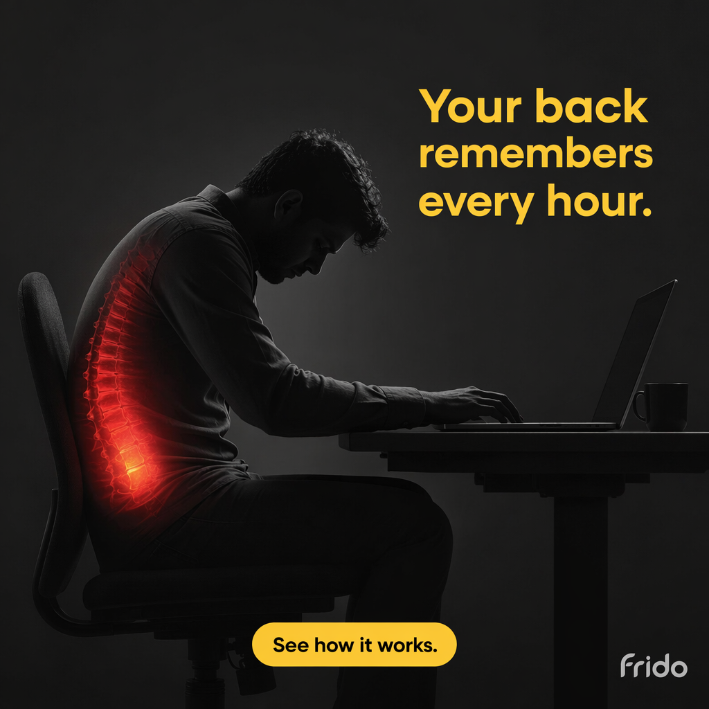 AI-generated Frido standing desk ad: a man hunched over a laptop at a dark desk with his lower spine glowing red, headlined "Your back remembers every hour"