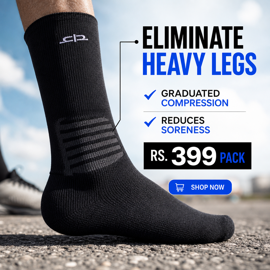 AI-generated Soxytoes compression sock ad: a single black graduated-compression sock on pavement, headlined "Eliminate heavy legs" with "graduated compression" and "reduces soreness" callouts and a Rs 399 pack price