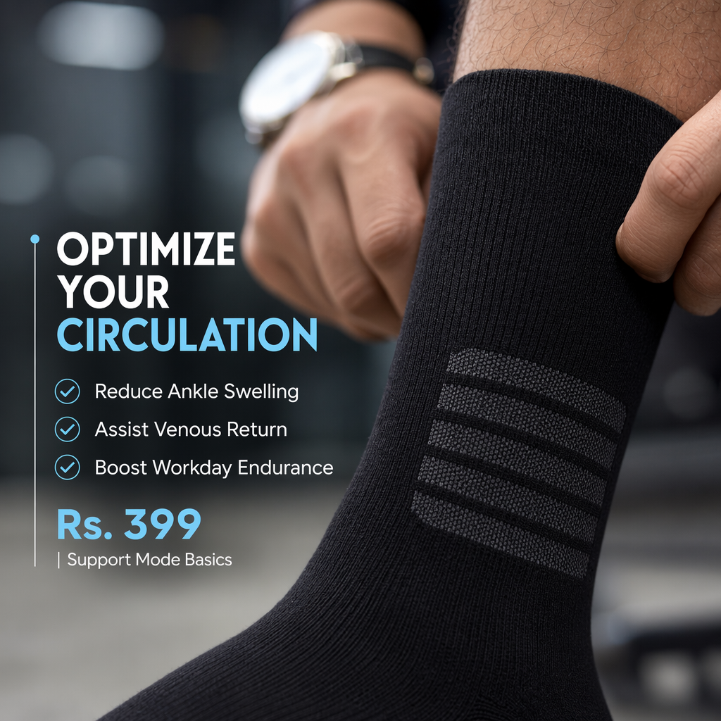 AI-generated Soxytoes compression sock ad: a man pulling on a black compression sock, headlined "Optimize your circulation" with a reduce-ankle-swelling callout and a Rs 399 price