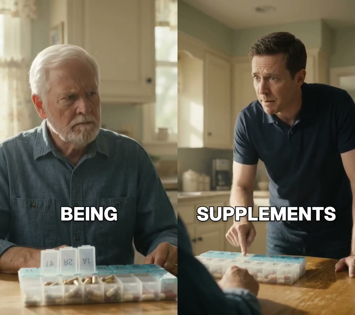 Two shots from the AI micro-drama ad: a close-up of the stubborn father in a denim shirt glaring sideways from behind a pill organiser, then his son in a navy polo leaning over the table and pointing at it