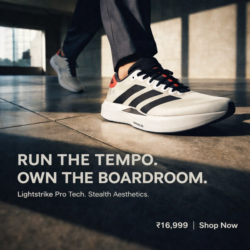 AI-generated Adidas Adizero ad by GPT-Image 1.5: shoe walking through a concrete plaza with the headline "Run the tempo. Own the boardroom.", price, and Shop Now button