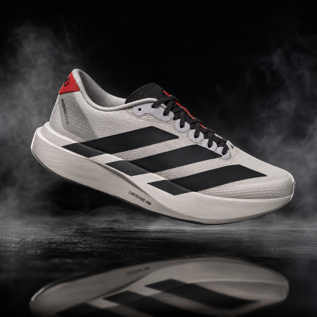 AI-generated Adidas Adizero product shot by GPT-Image 2: the shoe floating over a dark reflective surface with mist, studio lighting, no text