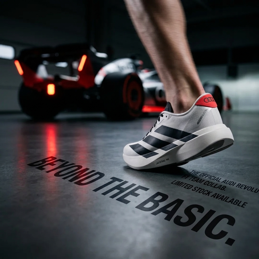 AI-generated Adidas Adizero ad by Nano Banana 2: the shoe mid-stride in a dark garage, an F1 car glowing behind, with "Beyond the basic" painted across the floor in perspective