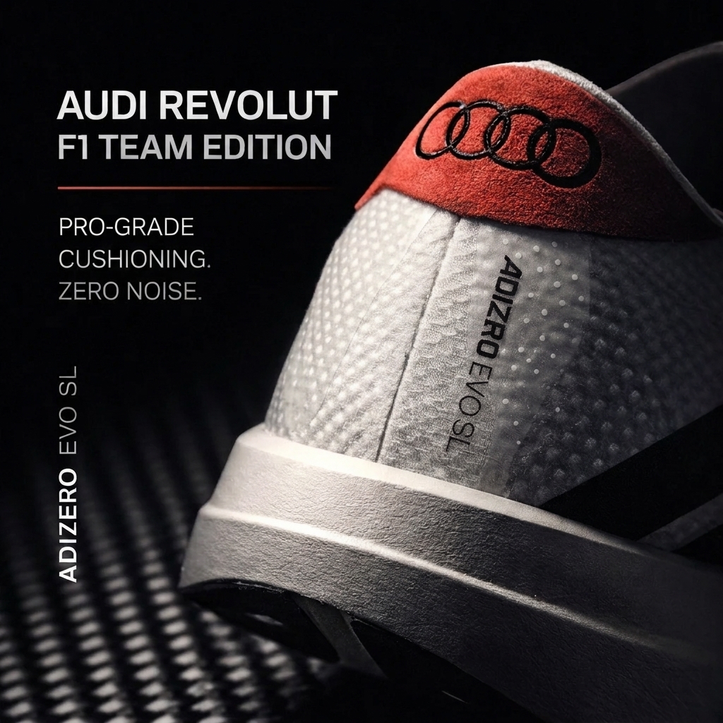 AI-generated Adidas Adizero ad by Seedream 4.5: extreme close-up of the heel with Audi rings, bold "Audi Revolut F1 Team Edition" headline, but the shoe text reads "ADIZRO"